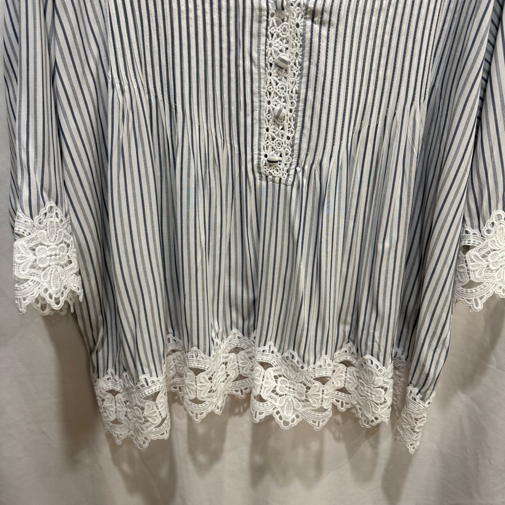 Catherine Malandrino 3X Striped Boho Blouse Lace Trim Top Cottagecore Coastal‎ - Picture 5 of 15